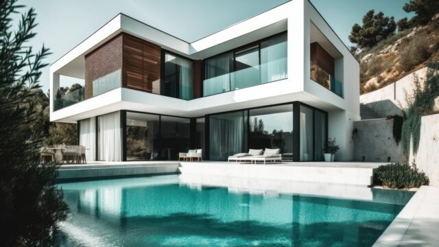 Design house – modern villa with open plan living and private bedroom wing. Large terrace with privacy and, swimming pool. Generative AI.