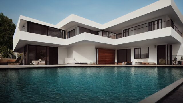 Luxury pool villa spectacular contemporary design digital art real estate , home, house and property, Generative AI illustration.